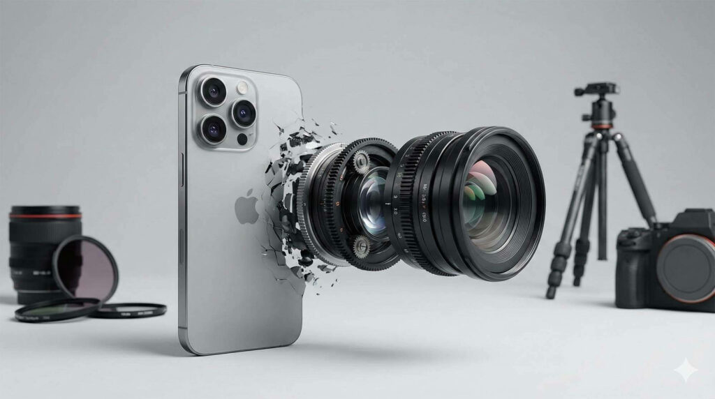 概念圖展示 iPhone 轉變為專業相機鏡頭的過程,象徵舊機換新機 / Conceptual art showing an iPhone transforming into a professional camera lens, symbolizing trading in old tech for new gear.
