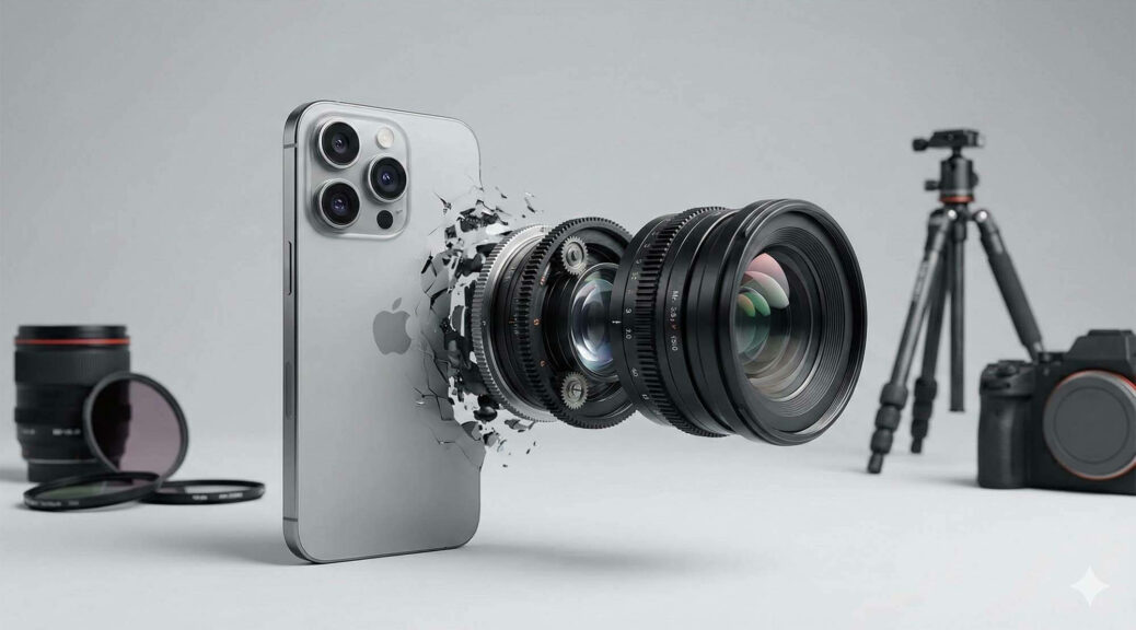 概念圖展示 iPhone 轉變為專業相機鏡頭的過程，象徵舊機換新機 / Conceptual art showing an iPhone transforming into a professional camera lens, symbolizing trading in old tech for new gear.