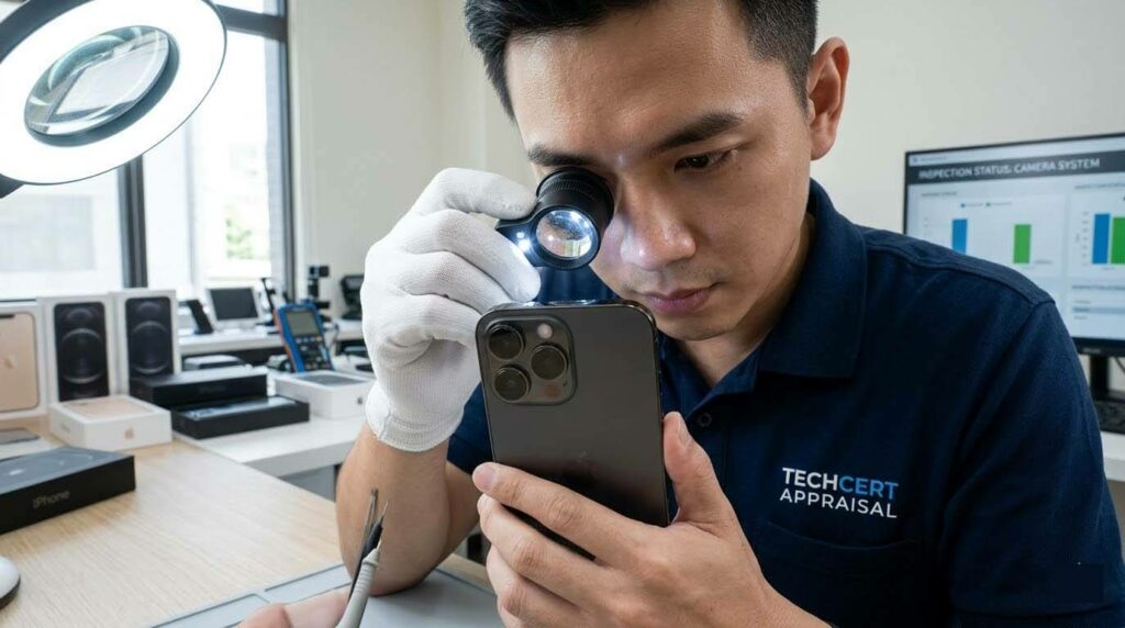 專業職人使用放大鏡檢視二手 iPhone Pro 系列的三鏡頭模組，評估收購行情
