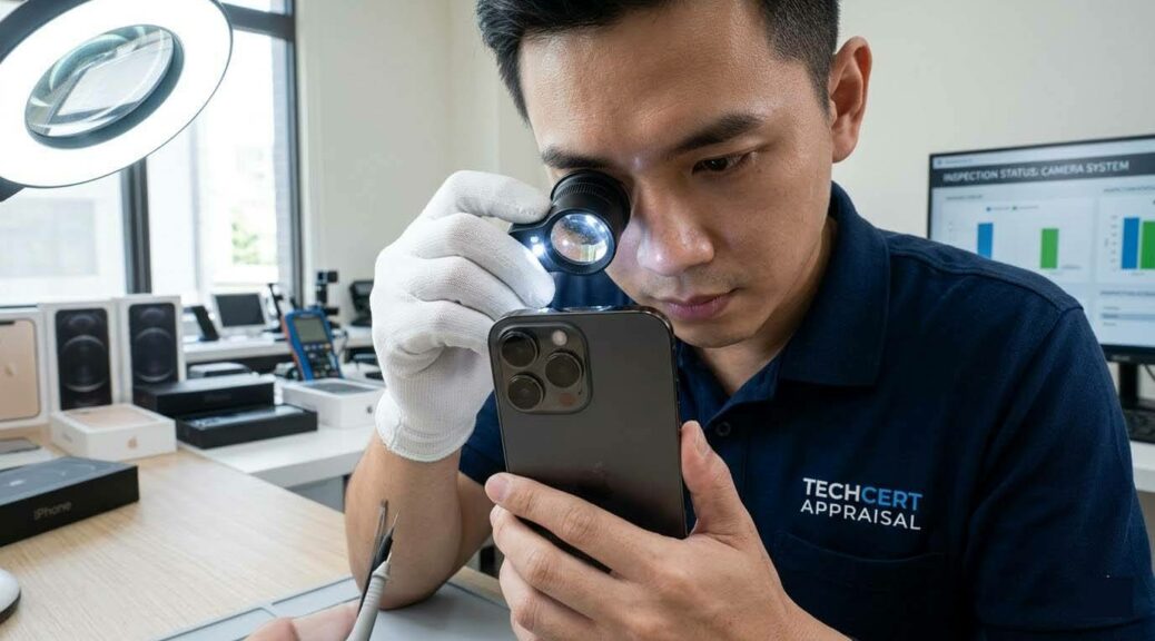 專業職人使用放大鏡檢視二手 iPhone Pro 系列的三鏡頭模組，評估收購行情